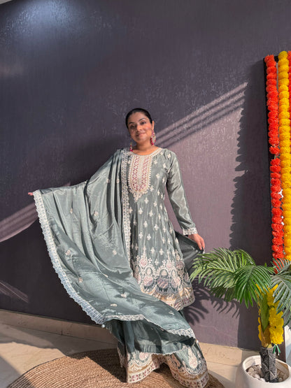 Chinon embroidered Anarkali Sharara suit
