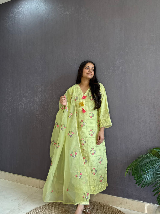 Cotton checked floral designer suit
