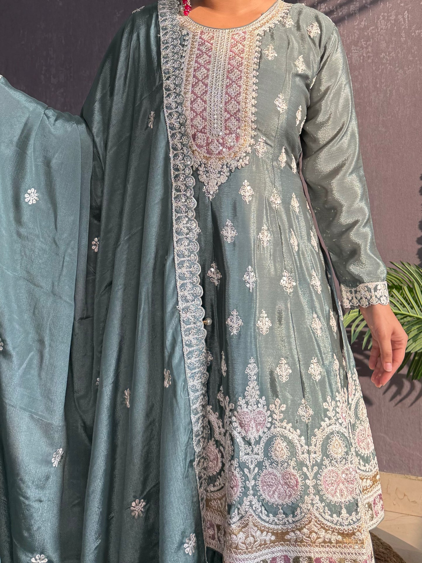 Chinon embroidered Anarkali Sharara suit