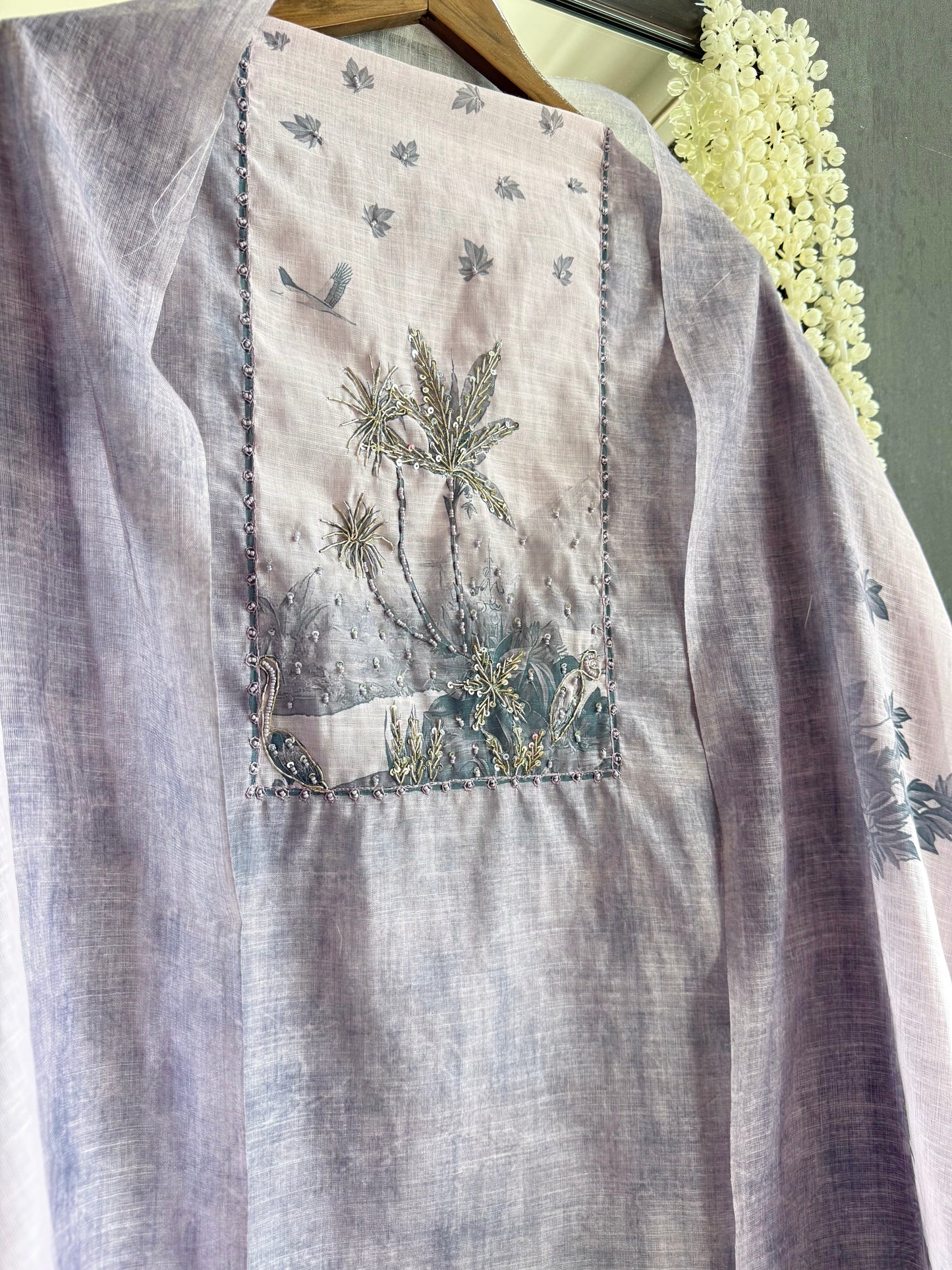 Linen flamingos handwork suit