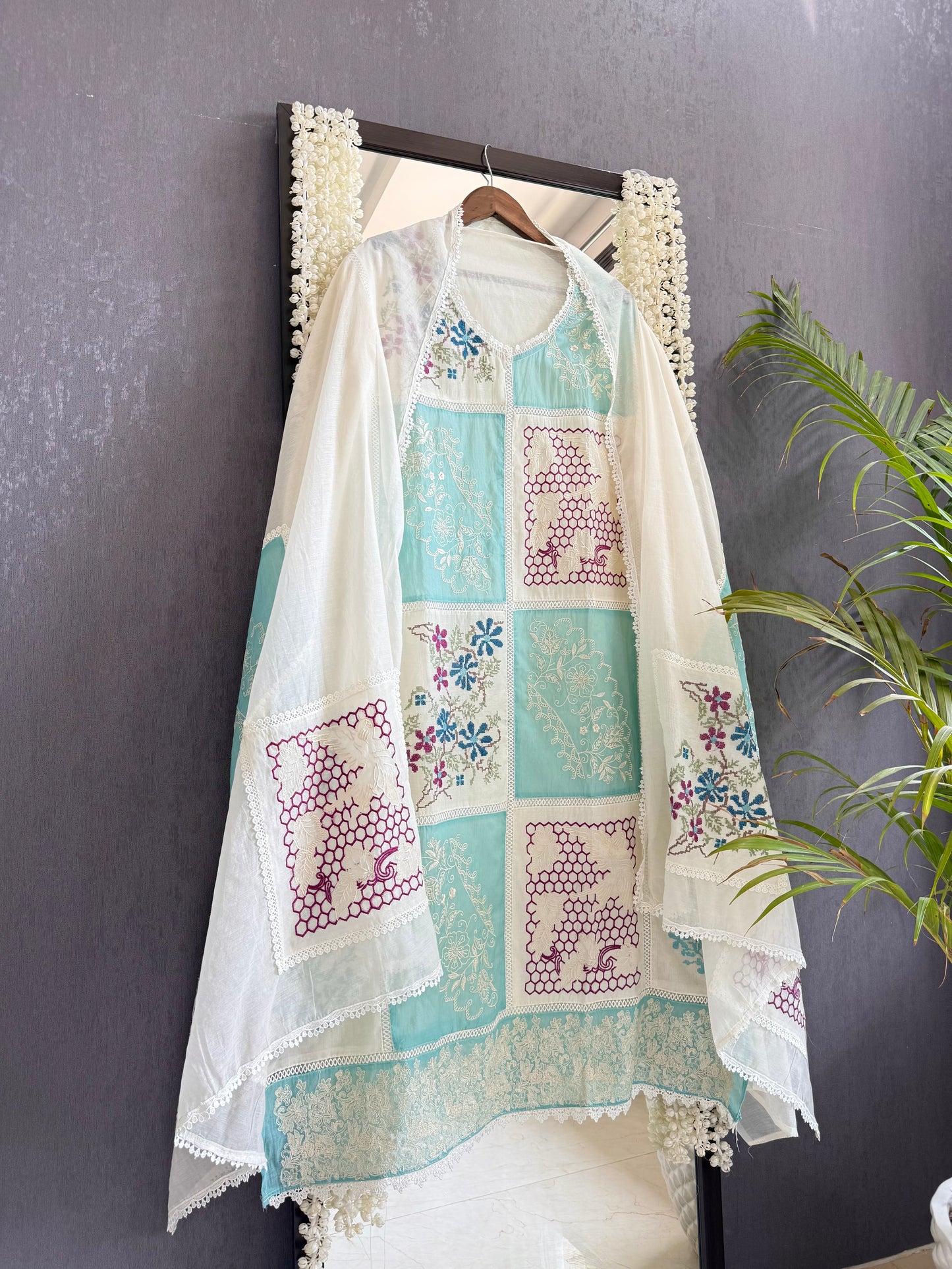 Luxurious Mul chanderi cross-stitch suit