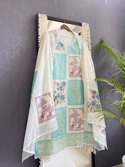 Luxurious Mul chanderi cross-stitch suit