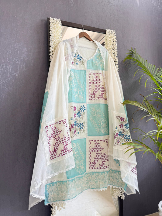 Luxurious Mul chanderi cross-stitch suit