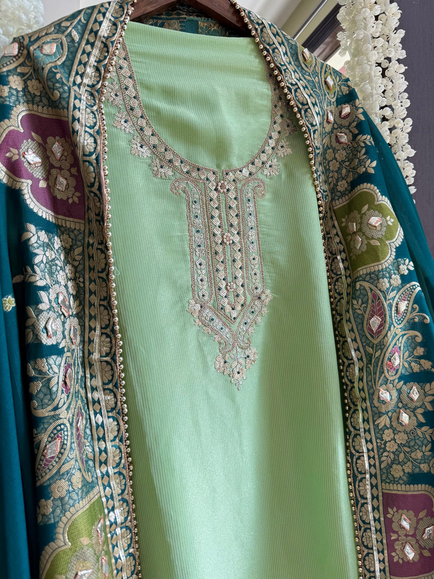 Tissue zari Aari work Meenakari suit