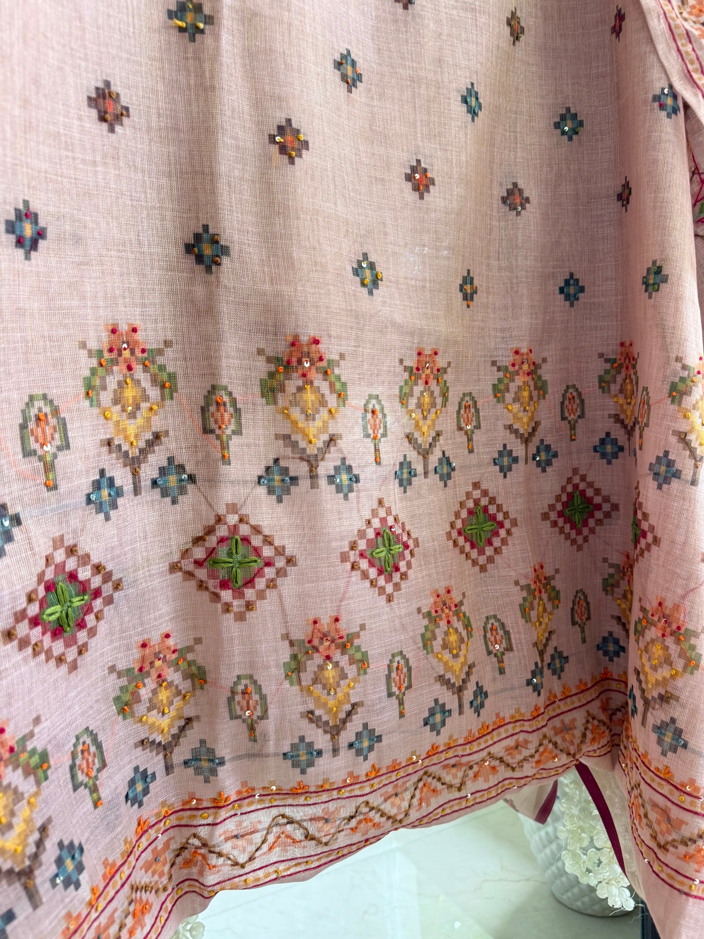 Linen ikkat Frenchknot kantha work suit