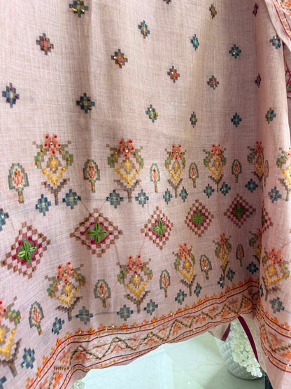 Linen ikkat Frenchknot kantha work suit