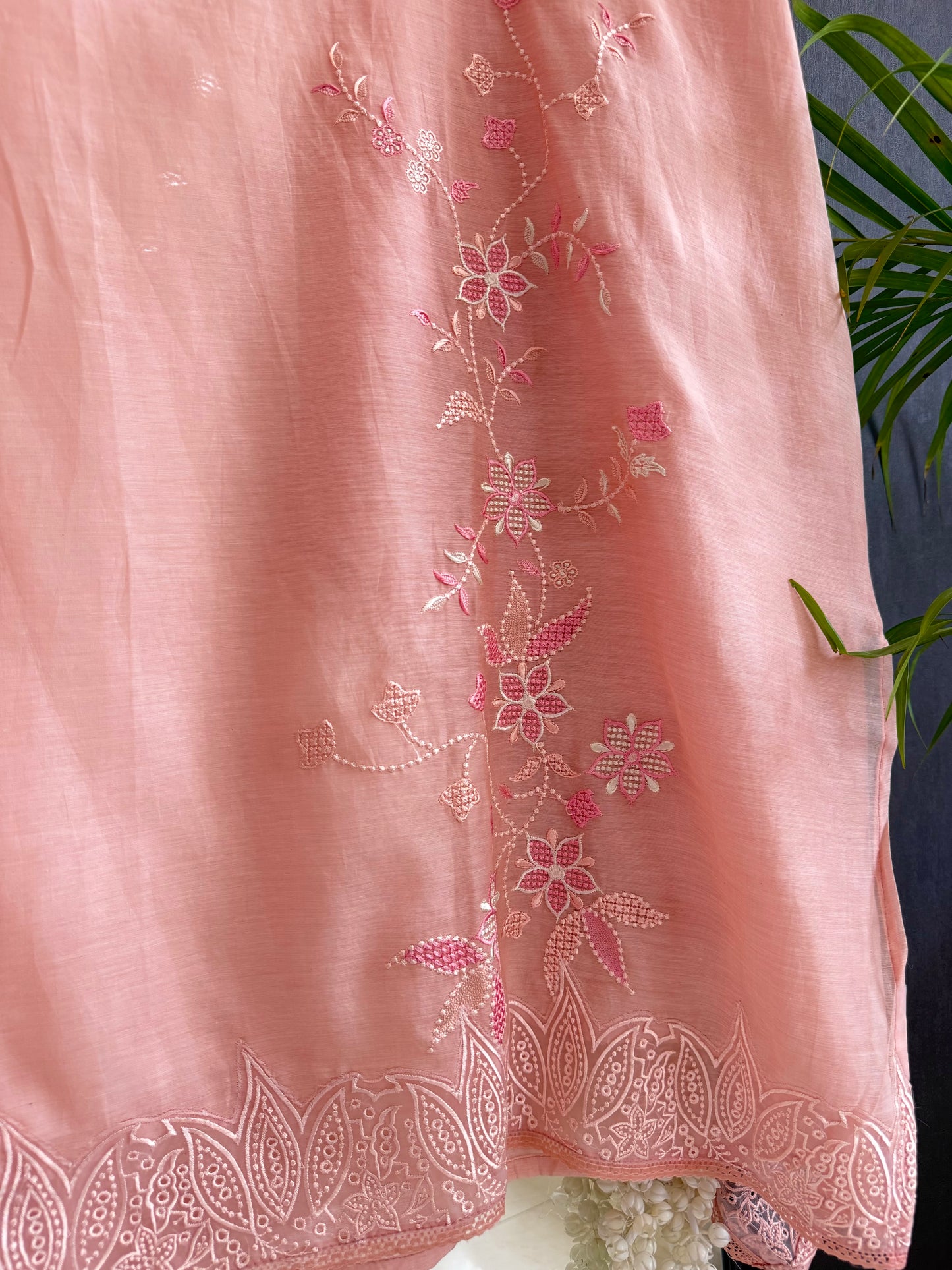 Luxurious Mul chanderi threadwork floral schiffili suit