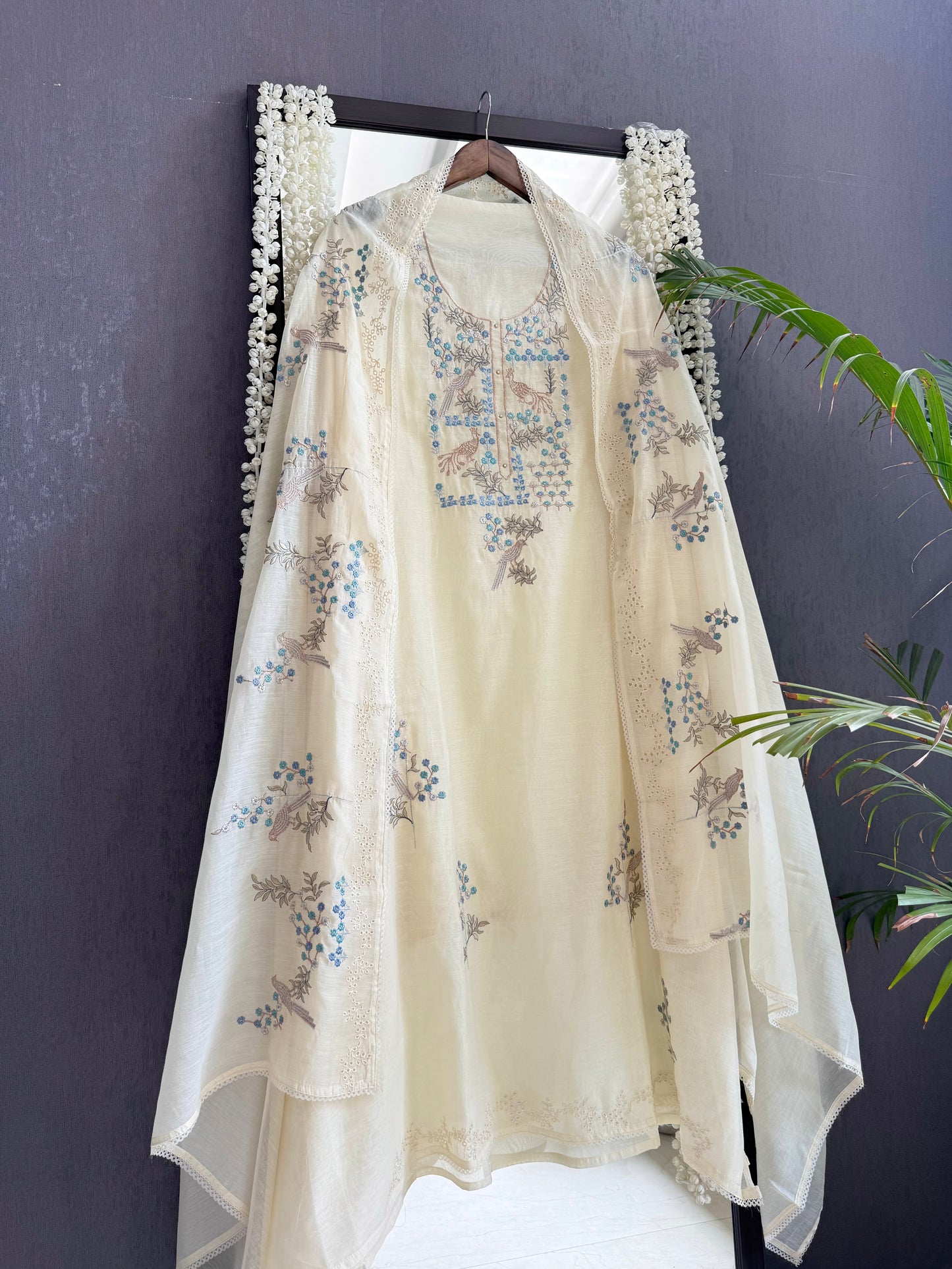 Luxurious Mul chanderi schiffili peacock suit