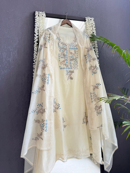 Luxurious Mul chanderi schiffili peacock suit