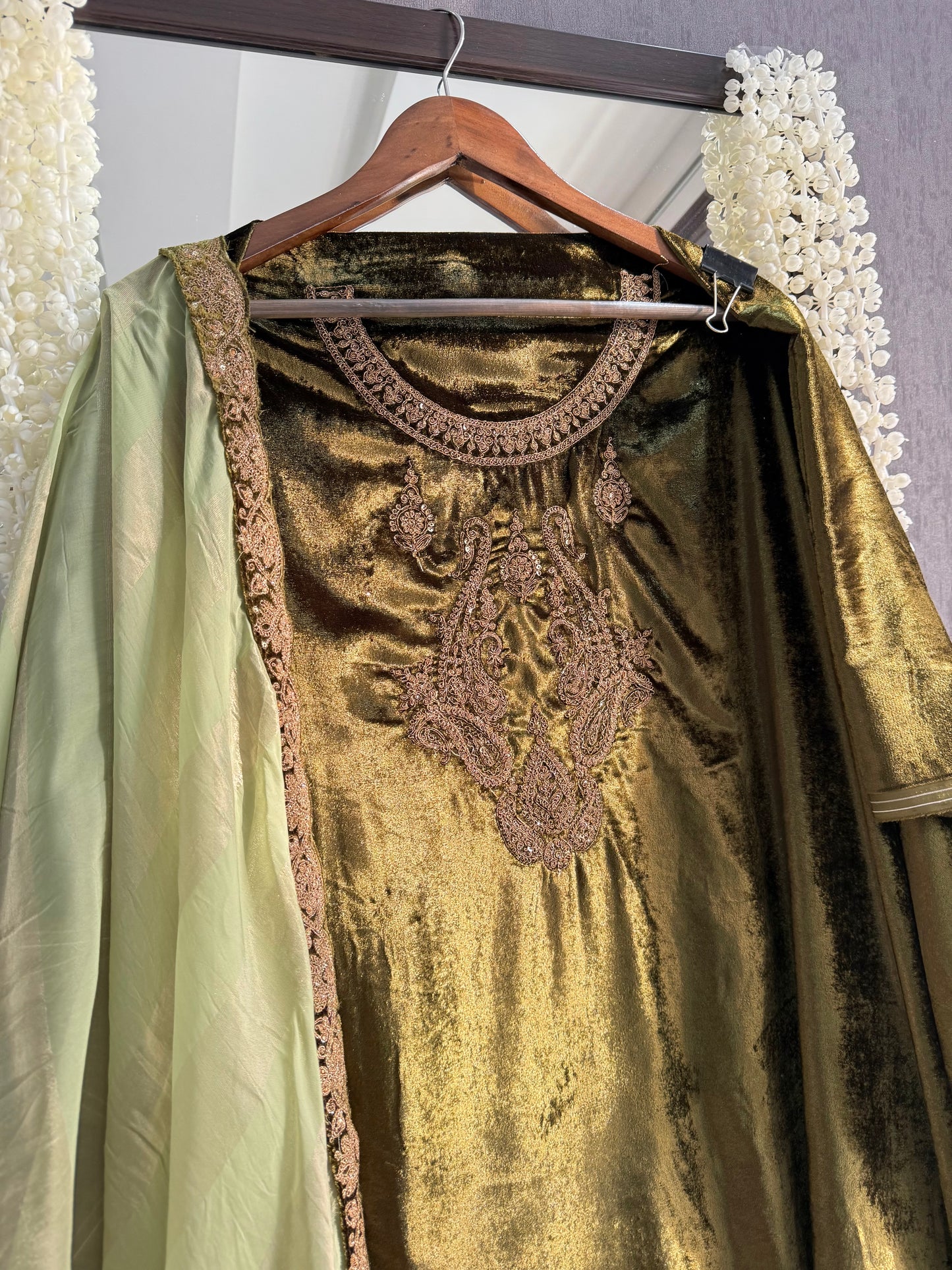 Velvet brocade marori aari work suit