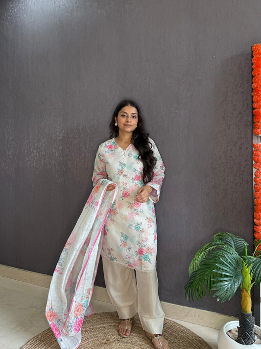 Linen cotton printed farshi kurta set