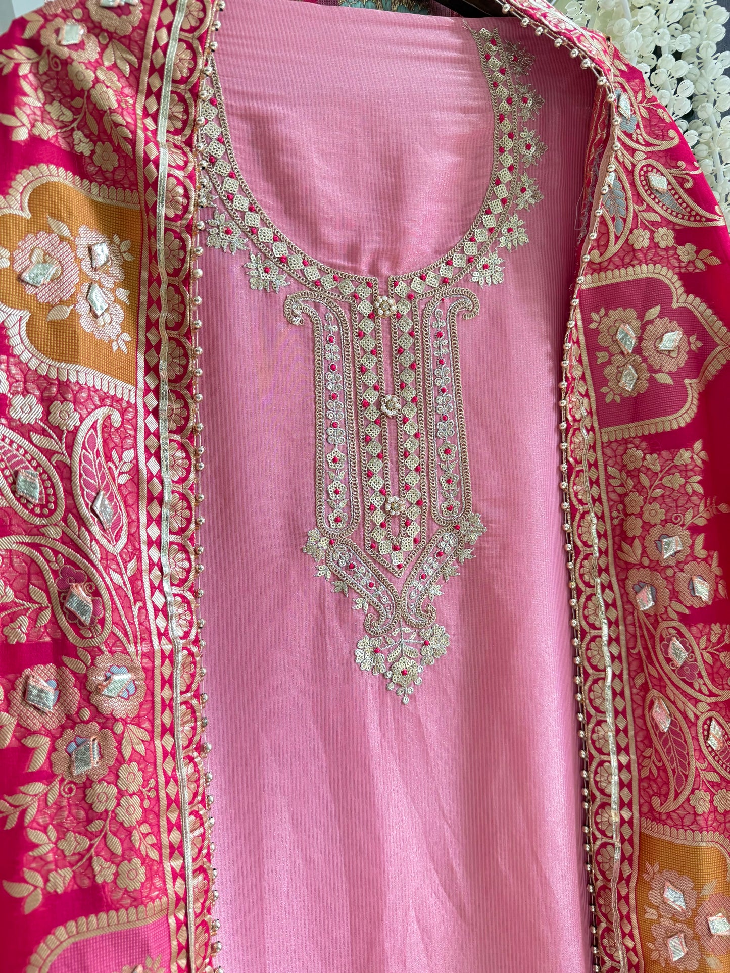 Tissue zari Aari work Meenakari suit
