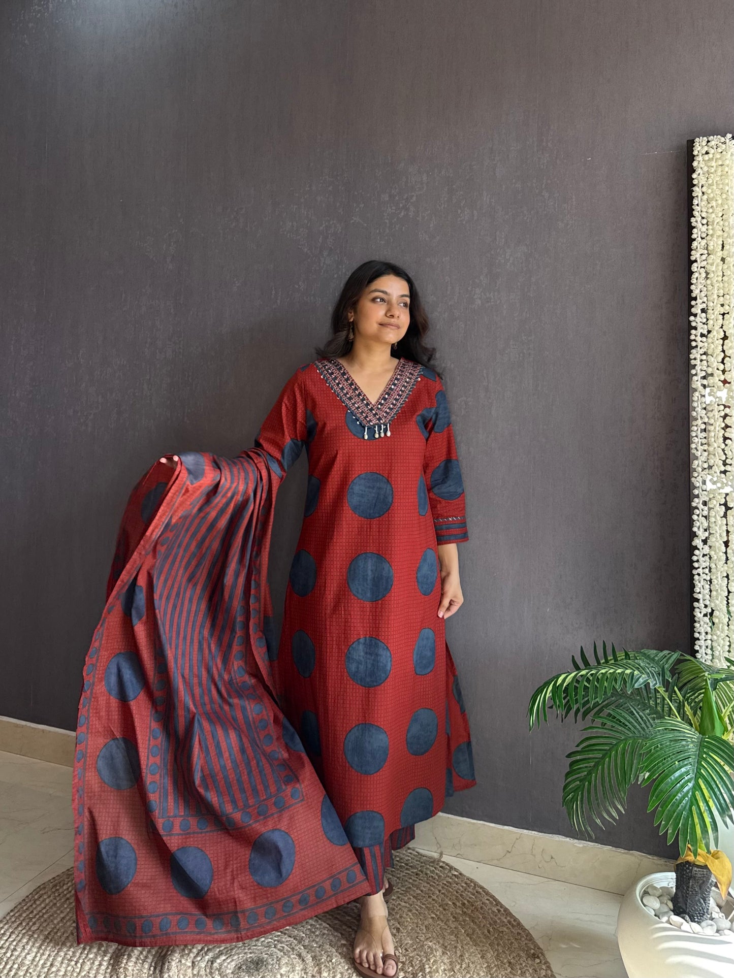 Pure cotton Ajrakh polka dots suit set