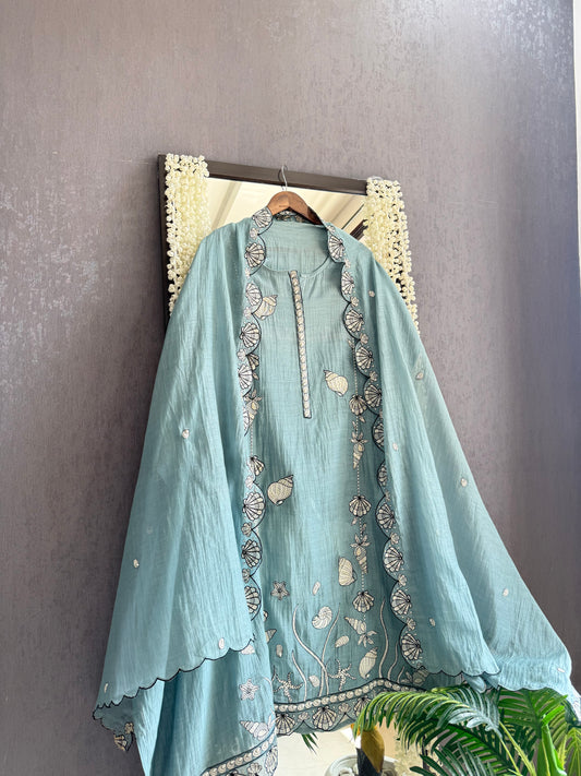 Luxurious Mul chanderi aqua shells suit