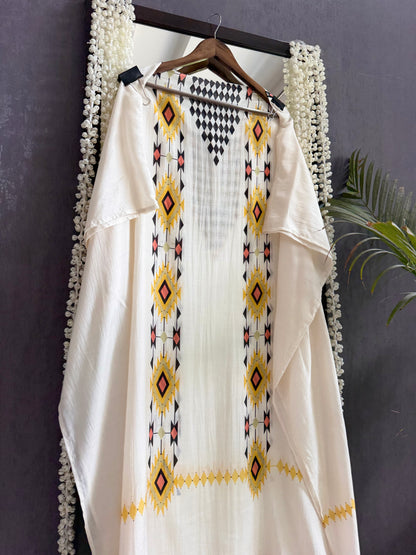 Muslin ikkat inspired handwork suits