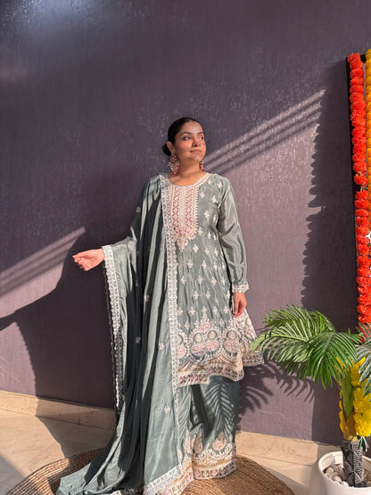 Chinon embroidered Anarkali Sharara suit