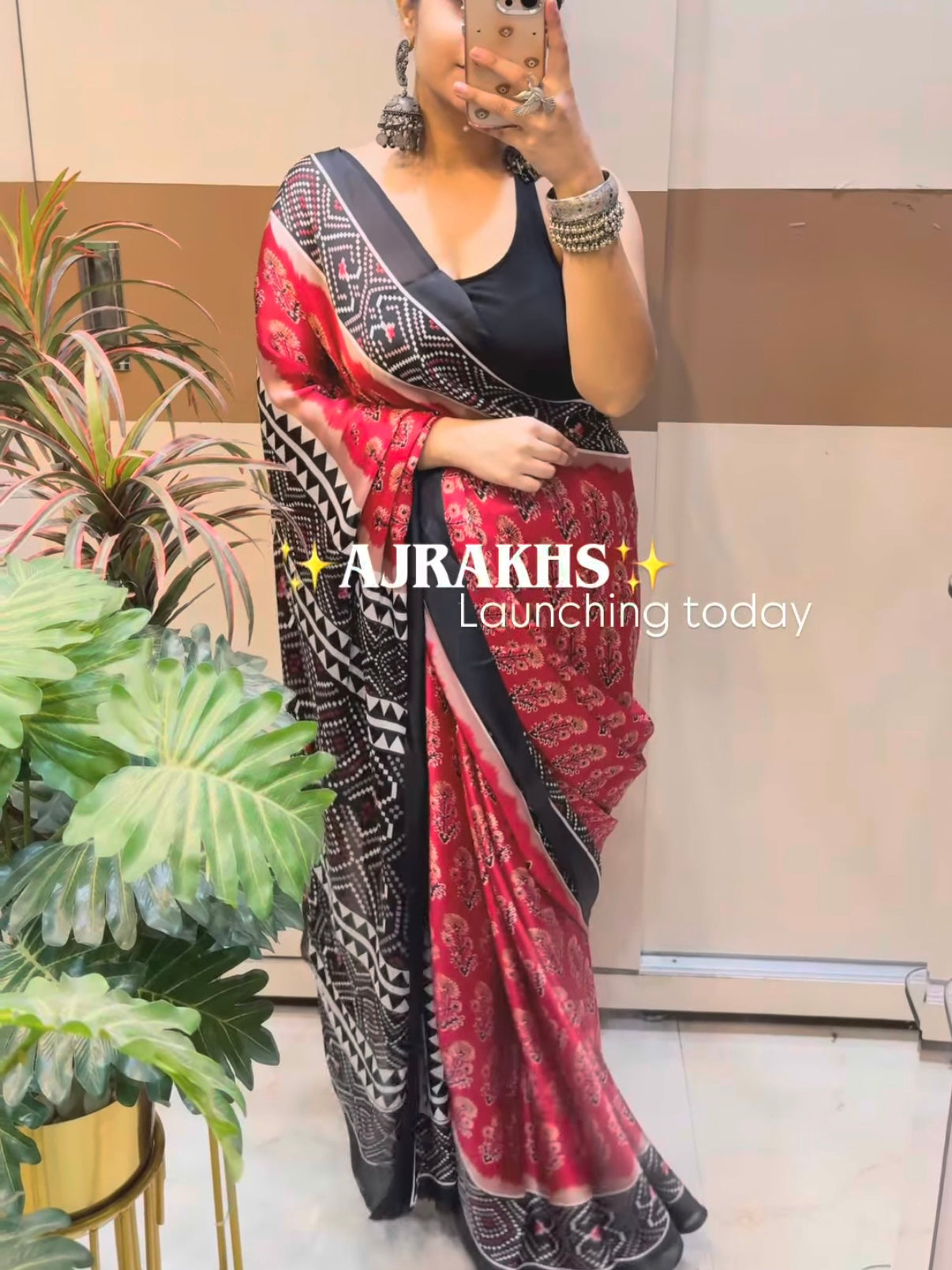Satin crepe Ajrakh printed saree