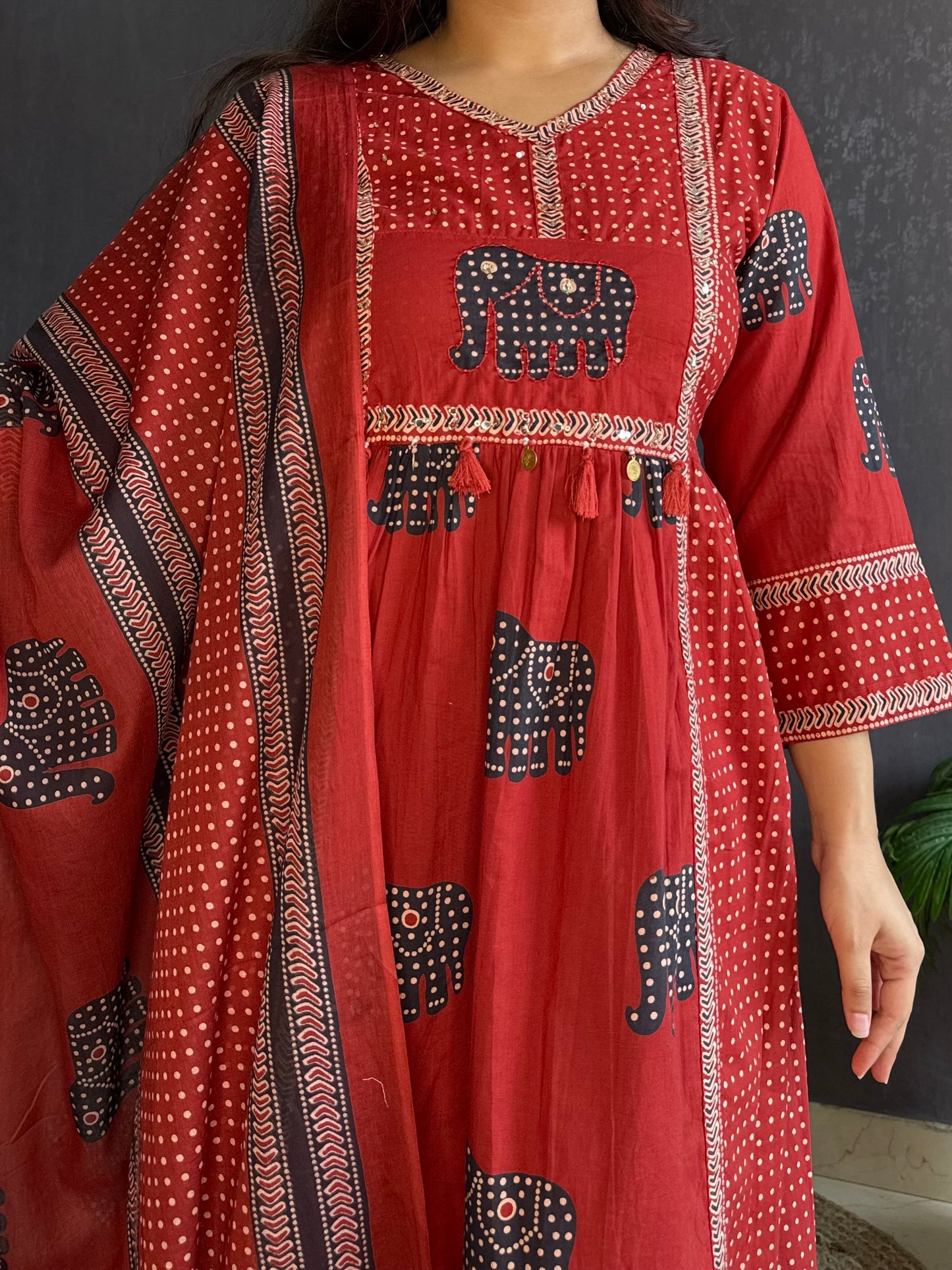 Ajrakh elephants handwork A line suit set