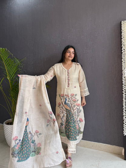 Linen peacock kurta set