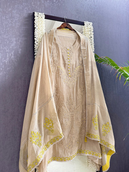 Luxurious Mul chanderi appliqué work suit