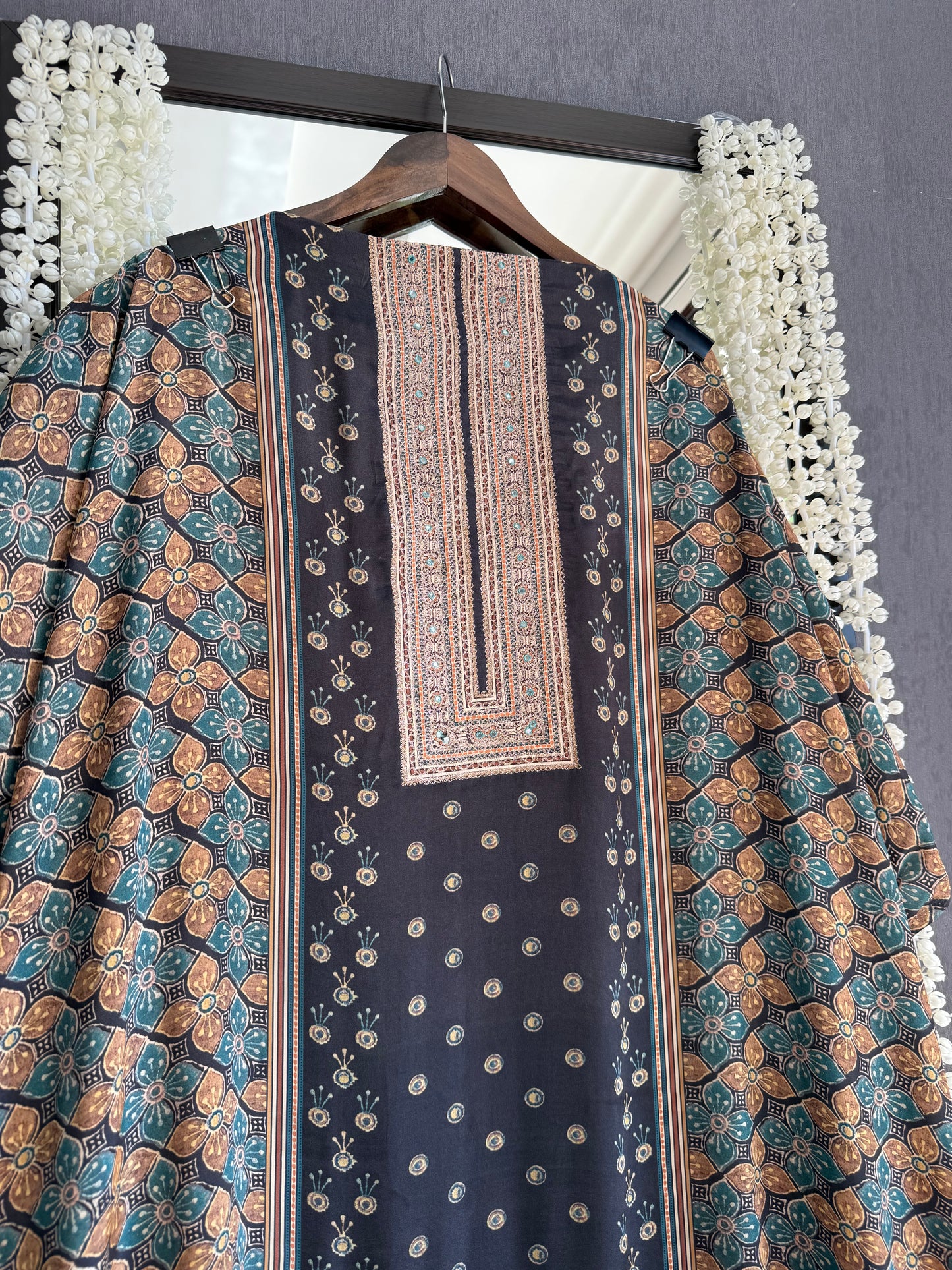 Pure crepe ajrakh aari work suit