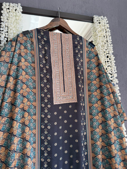 Pure crepe ajrakh aari work suit