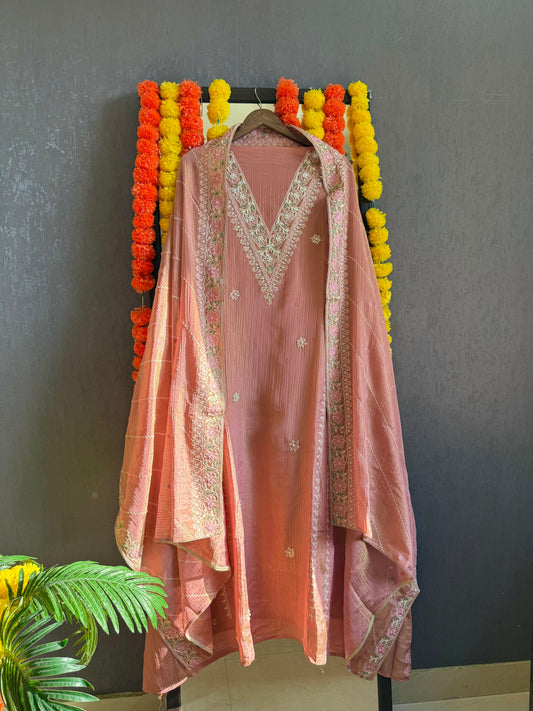 Crush tissue kashmiri aari work suit