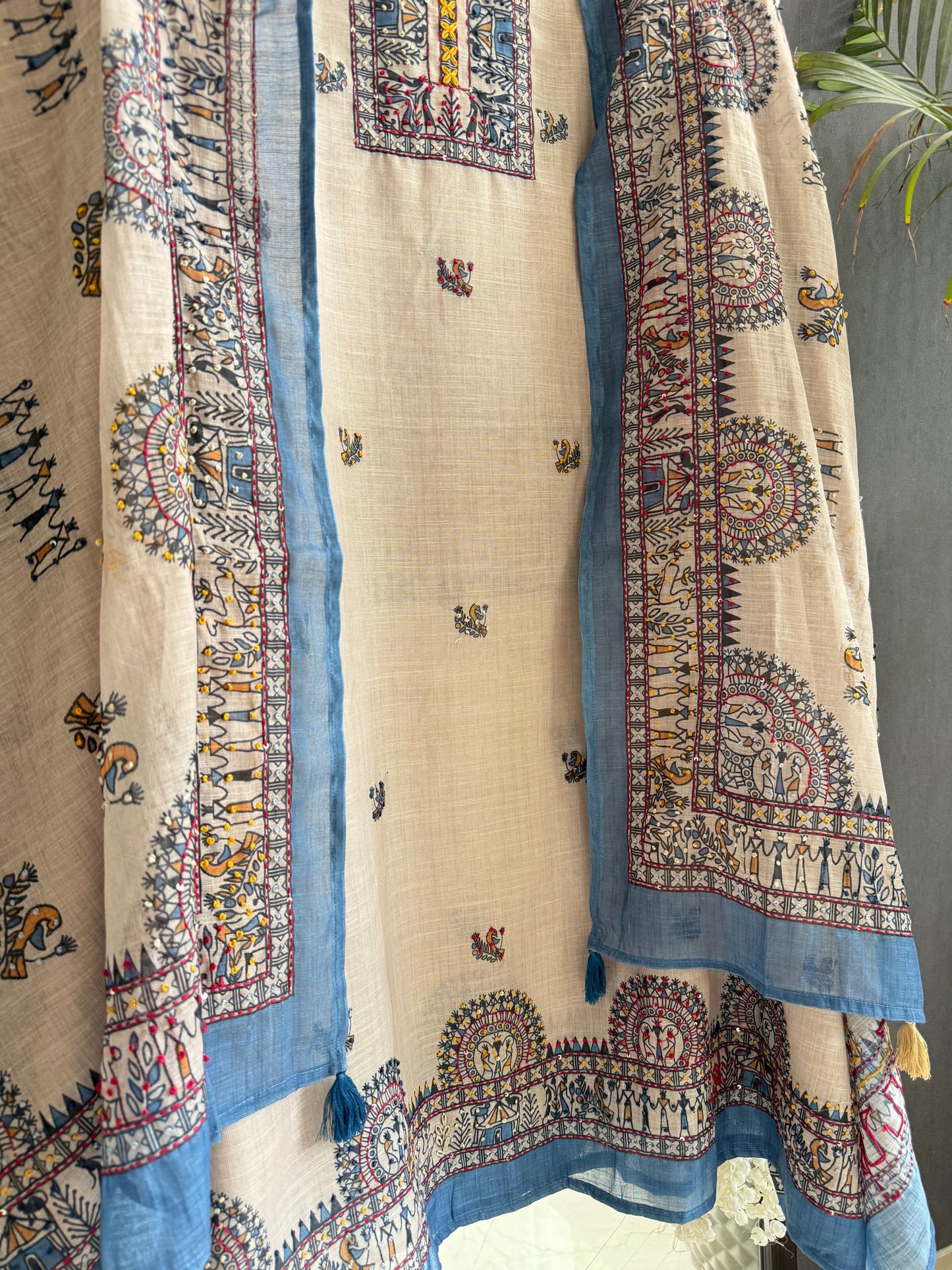 Linen worli art  Kantha work suit