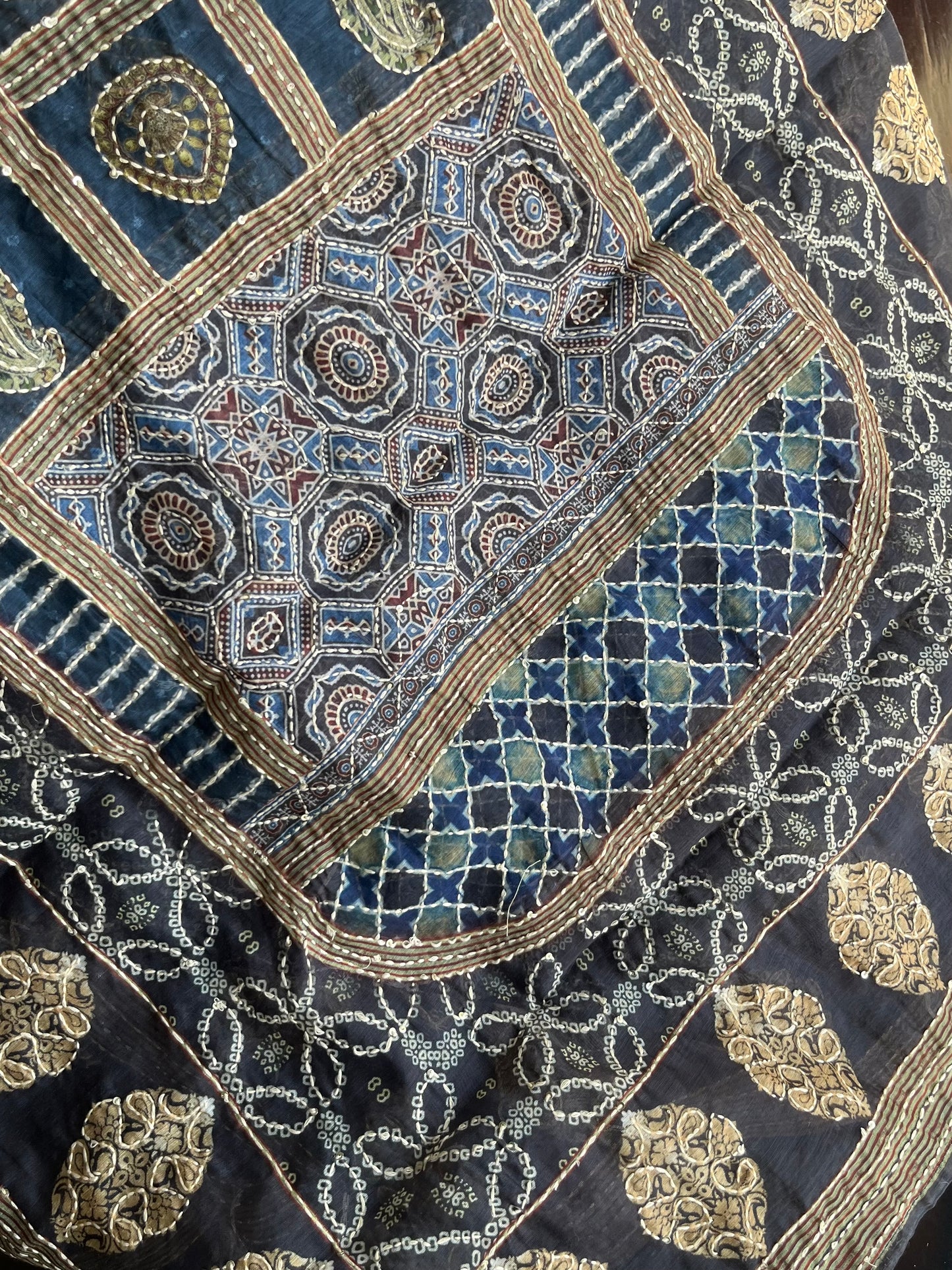 Maheshwari Kantha work Ajrakh Unstitched suit