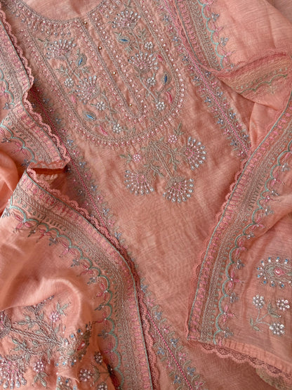 Luxurious Mul chanderi antique dori sitara suit