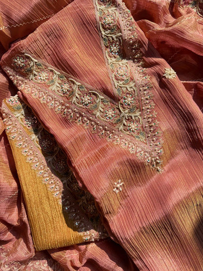 Crush tissue kashmiri aari work suit