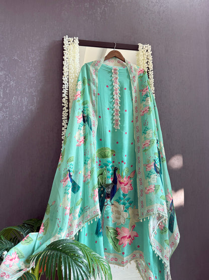 Soft silk peacock hand work suit