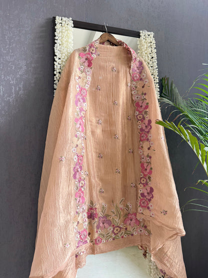 Luxurious Mul chanderi appliqué work floral suit