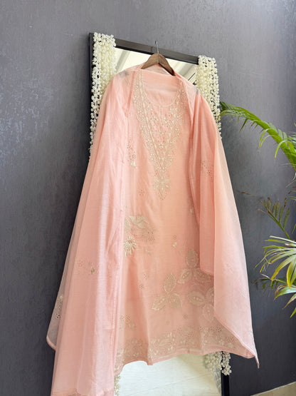 Luxurious Mul chanderi threadwork schiffili suit