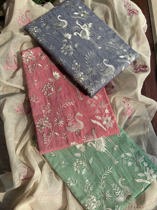 Cotton flamingos and birds embroidered suits