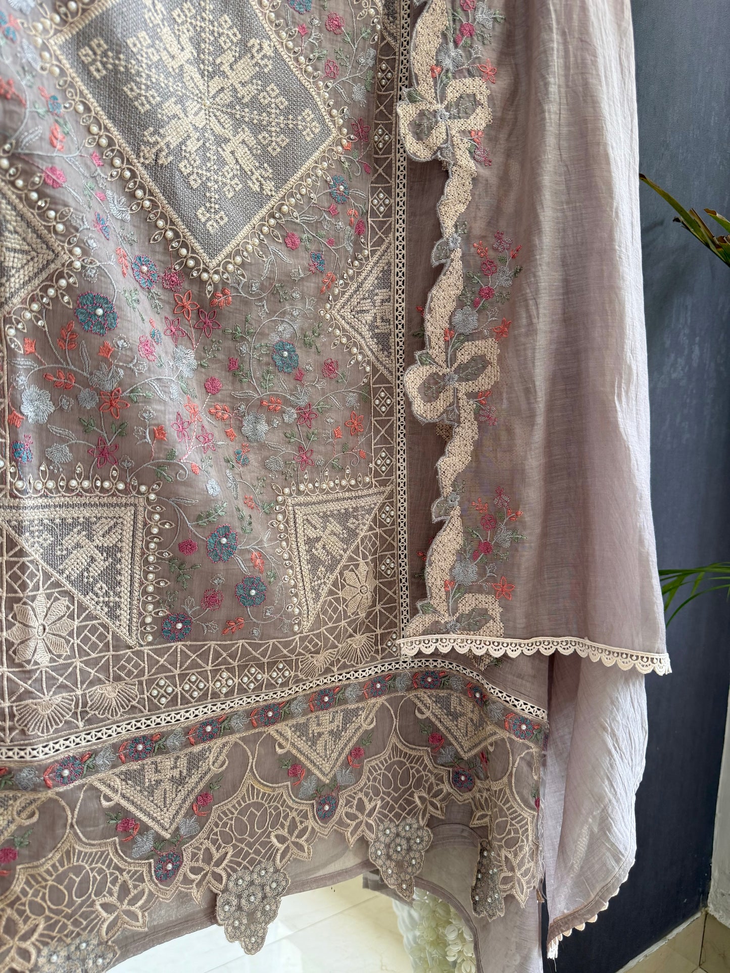 Luxurious Mul chanderi bow crossstitch suit
