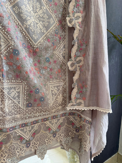 Luxurious Mul chanderi bow crossstitch suit