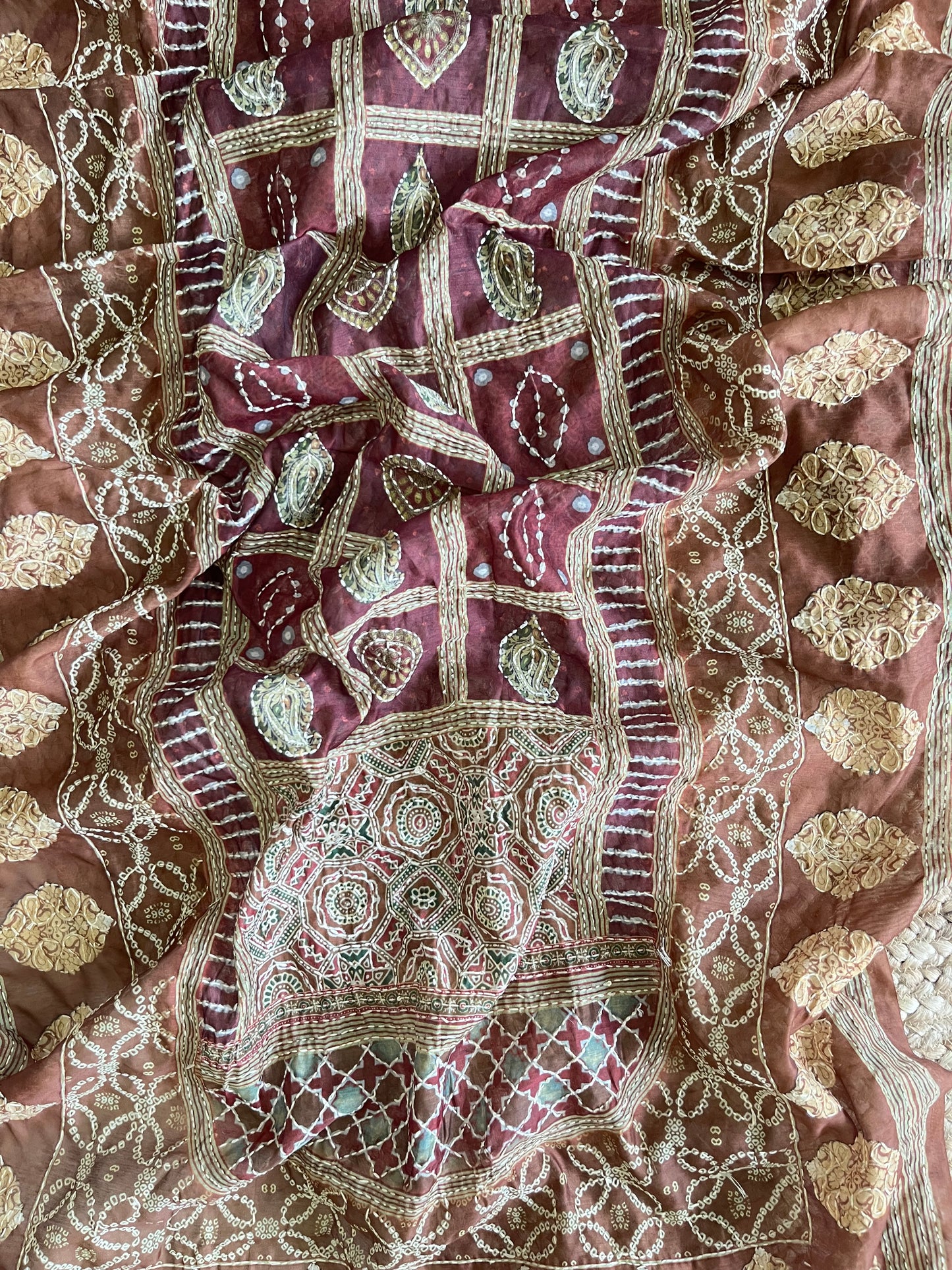 Maheshwari Kantha work Ajrakh Unstitched suit