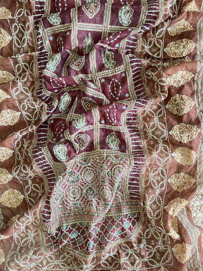 Maheshwari Kantha work Ajrakh Unstitched suit