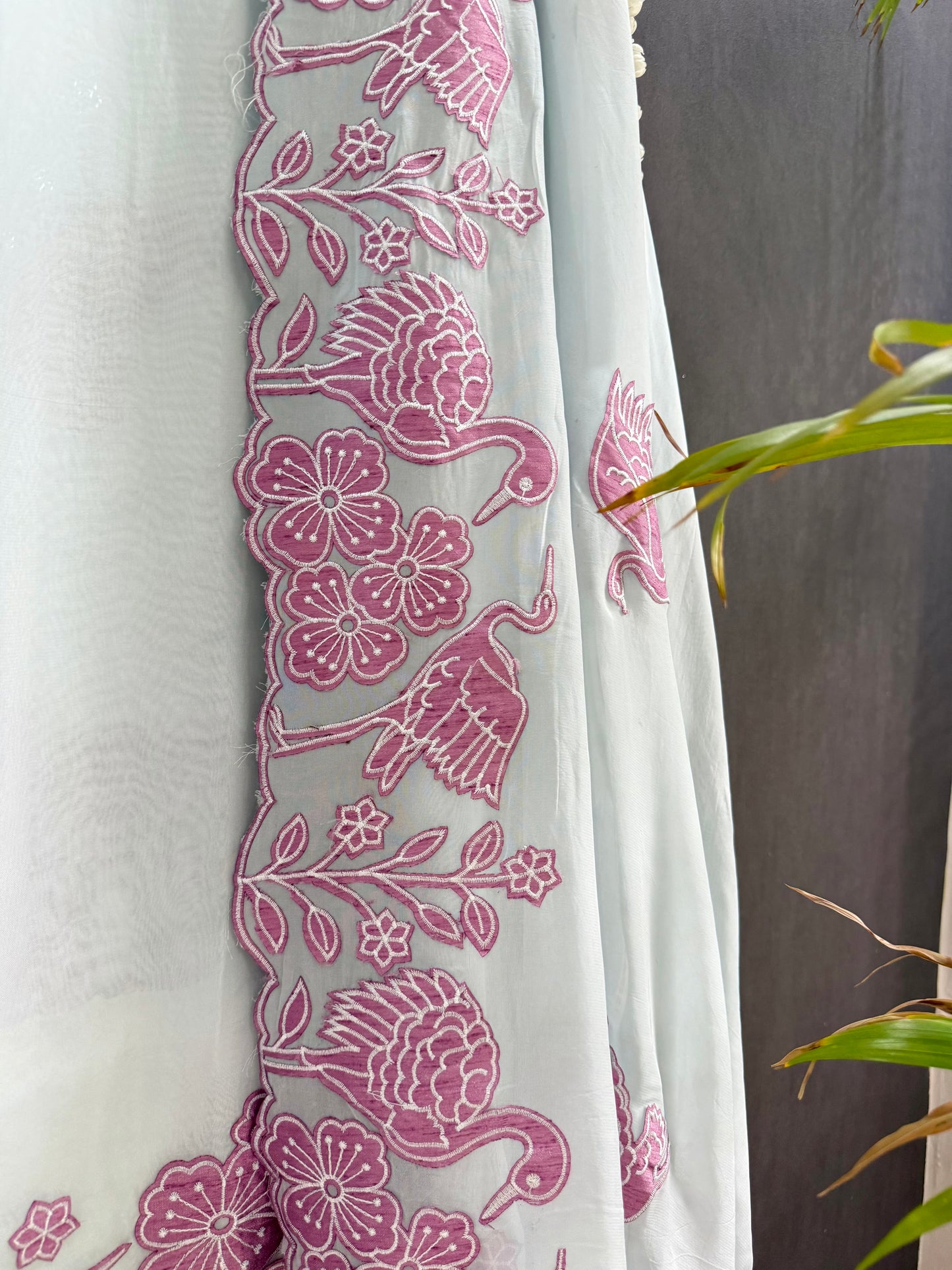 Organza appliqué work flamingos suit
