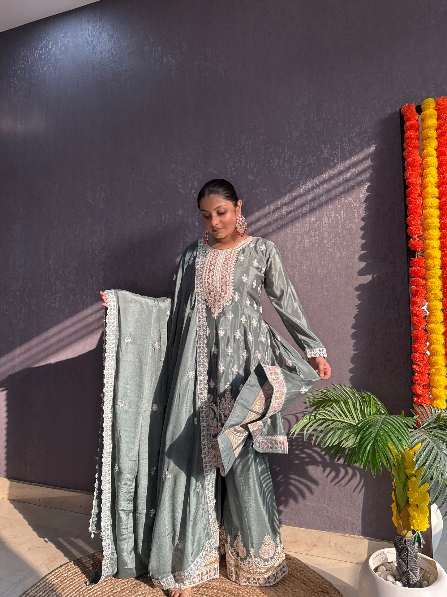 Chinon embroidered Anarkali Sharara suit
