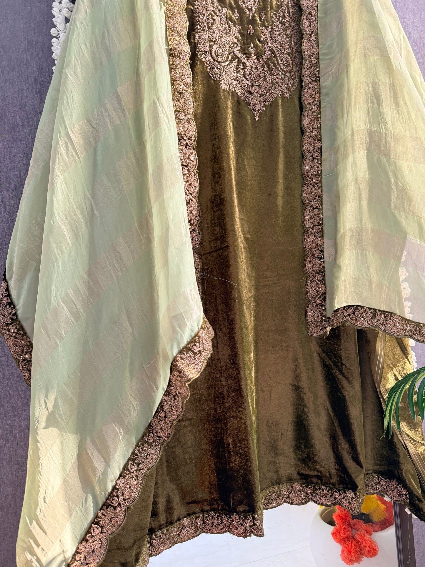 Velvet brocade marori aari work suit