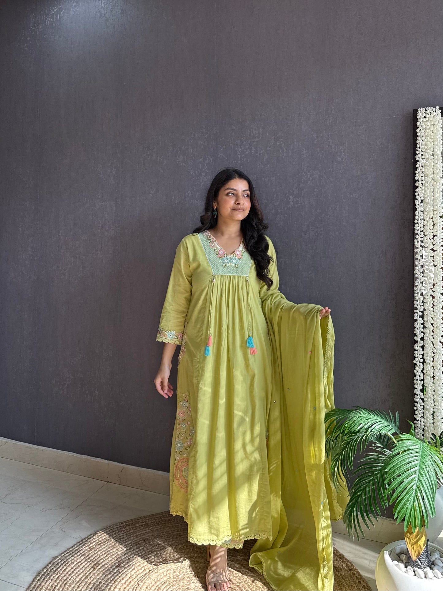 Premium mul cotton embroidered handwork Aline suit