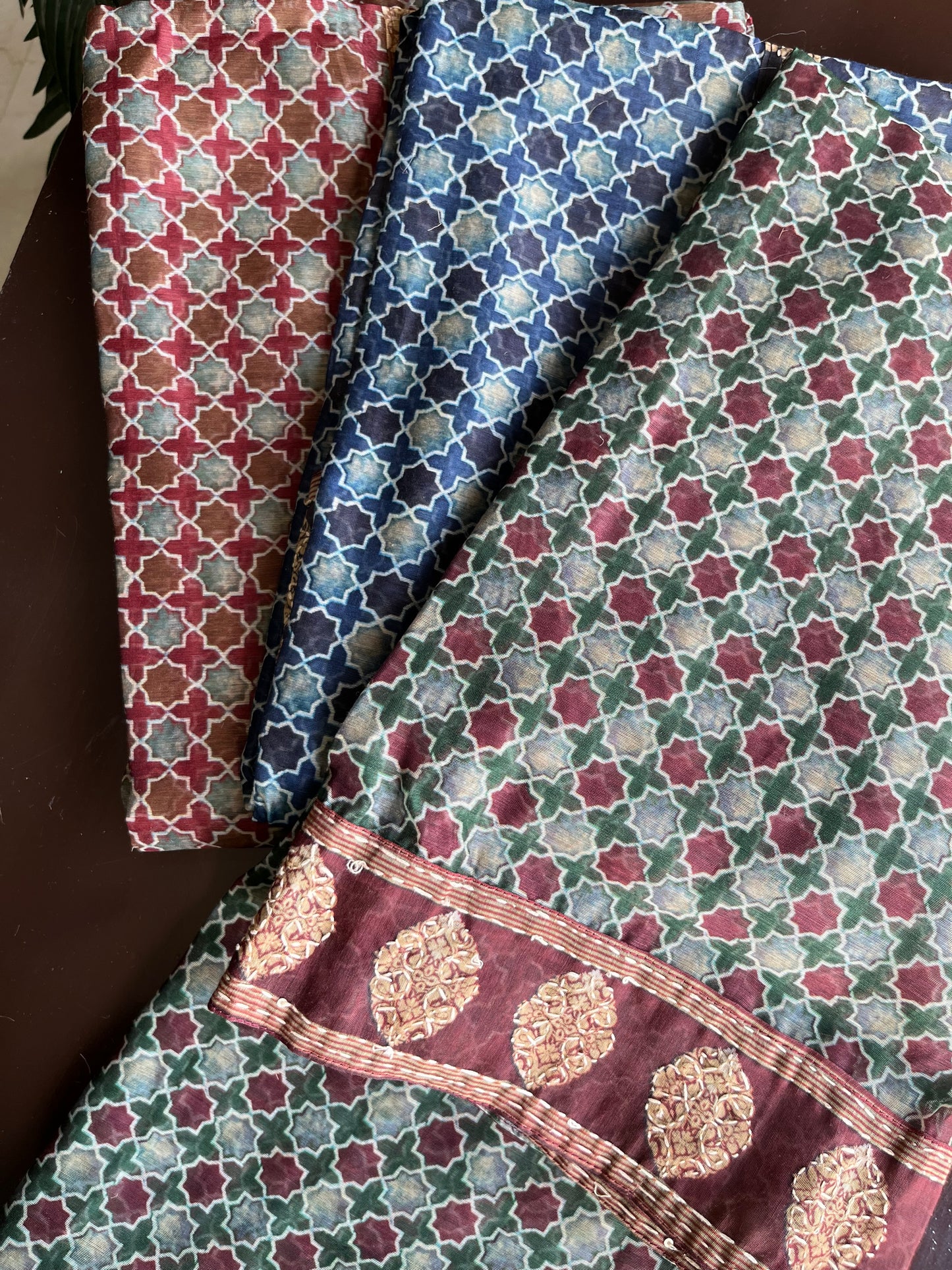 Maheshwari Kantha work Ajrakh Unstitched suit