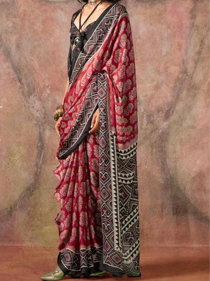 Satin crepe Ajrakh printed saree