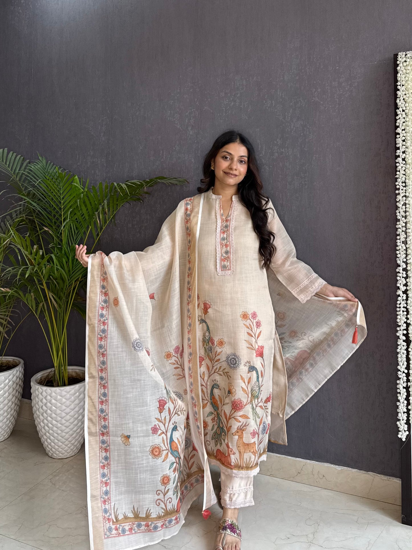 Linen deers peacock kurta set
