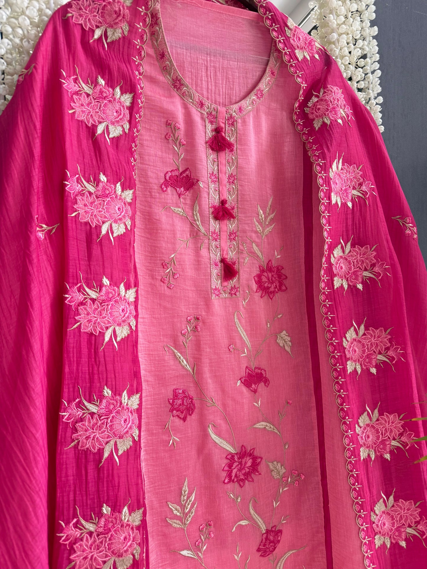 Luxurious Mul chanderi appliqué floral suit