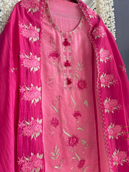 Luxurious Mul chanderi appliqué floral suit