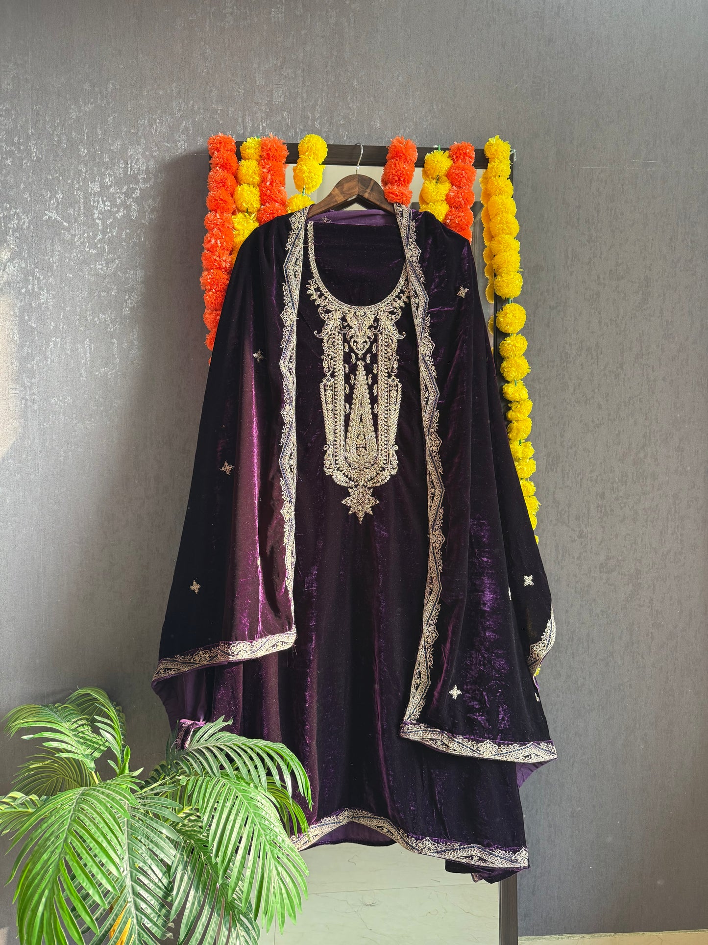 Velvet brocade marori aari work suit