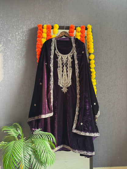 Velvet brocade marori aari work suit